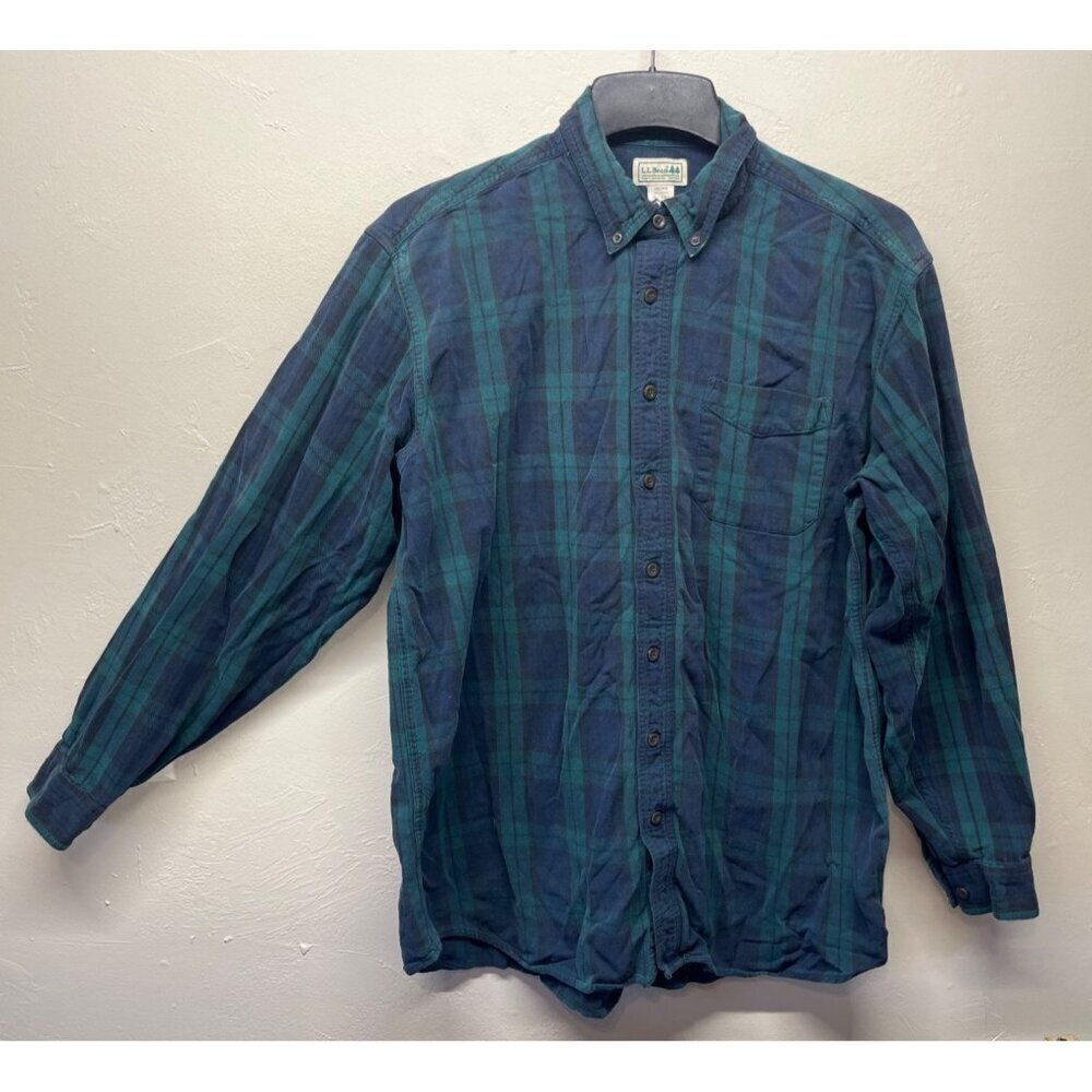 LL Bean Mens XL Tall Plaid Flannel Button Up Long Sleeve Shirt Blue Green Tartan